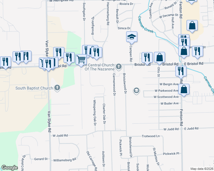 map of restaurants, bars, coffee shops, grocery stores, and more near 4099 Charter Oak Drive in Flint
