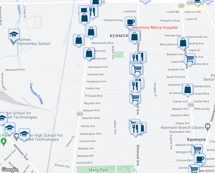 map of restaurants, bars, coffee shops, grocery stores, and more near 117 Fowler Avenue in Buffalo