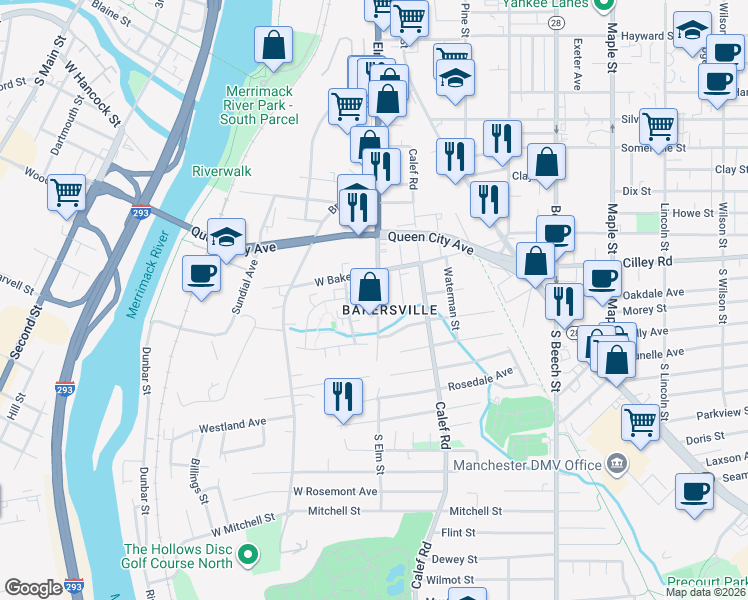map of restaurants, bars, coffee shops, grocery stores, and more near 43 South Elm Street in Manchester