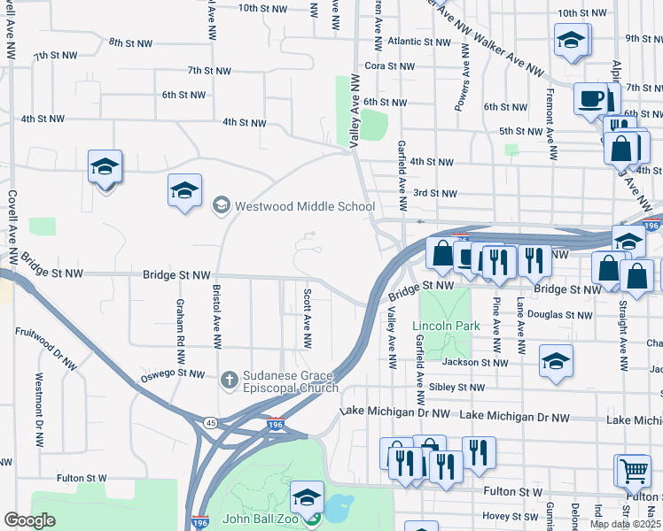 map of restaurants, bars, coffee shops, grocery stores, and more near 1400 Mount Mercy Drive Northwest in Grand Rapids