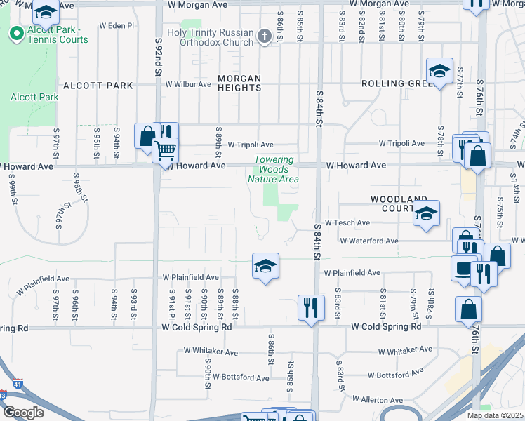map of restaurants, bars, coffee shops, grocery stores, and more near 3940 South Prairie Hill Lane in Greenfield