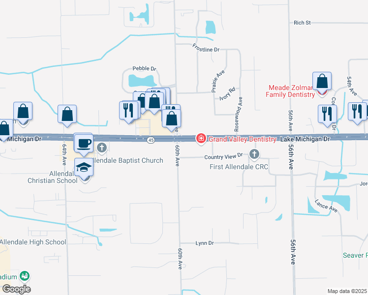 map of restaurants, bars, coffee shops, grocery stores, and more near 5980 Lake Michigan Drive in Allendale