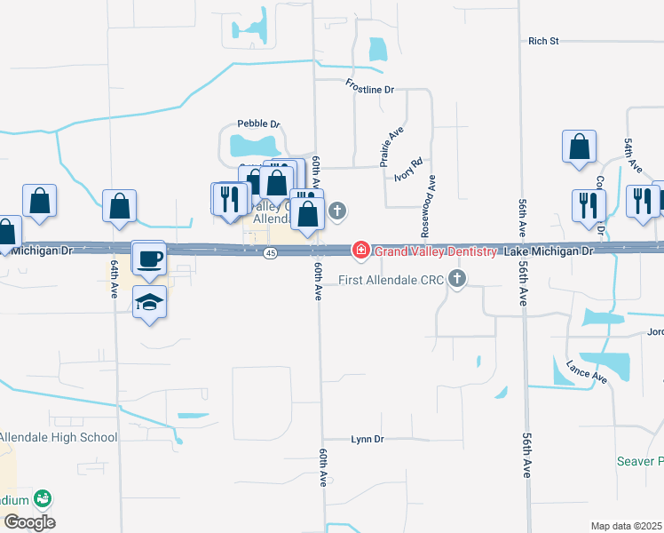 map of restaurants, bars, coffee shops, grocery stores, and more near 5980 Lake Michigan Drive in Allendale
