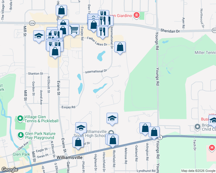 map of restaurants, bars, coffee shops, grocery stores, and more near 150 Hidden Ridge Common in Buffalo