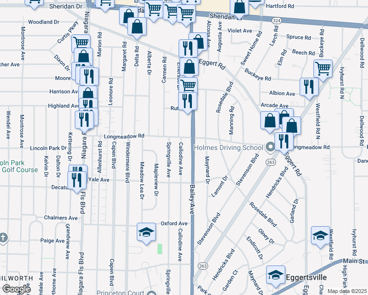 map of restaurants, bars, coffee shops, grocery stores, and more near 231 Longmeadow Road in Buffalo