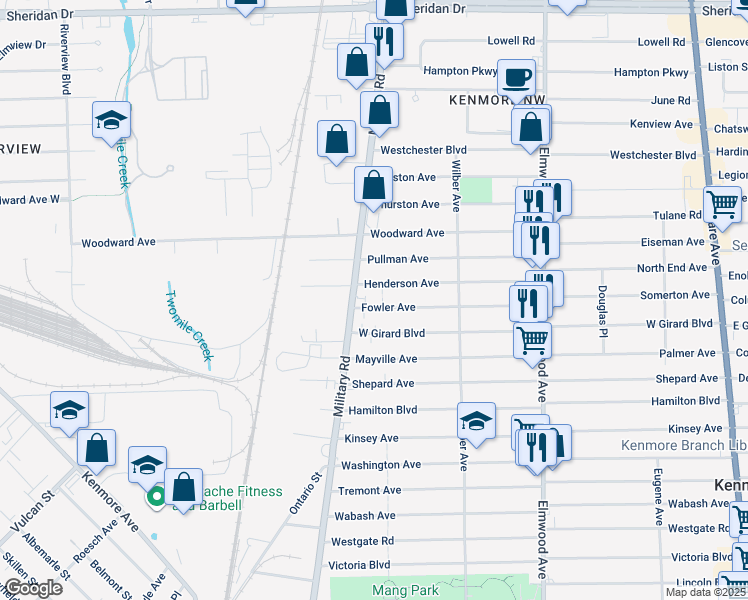 map of restaurants, bars, coffee shops, grocery stores, and more near 1277 Military Road in Buffalo