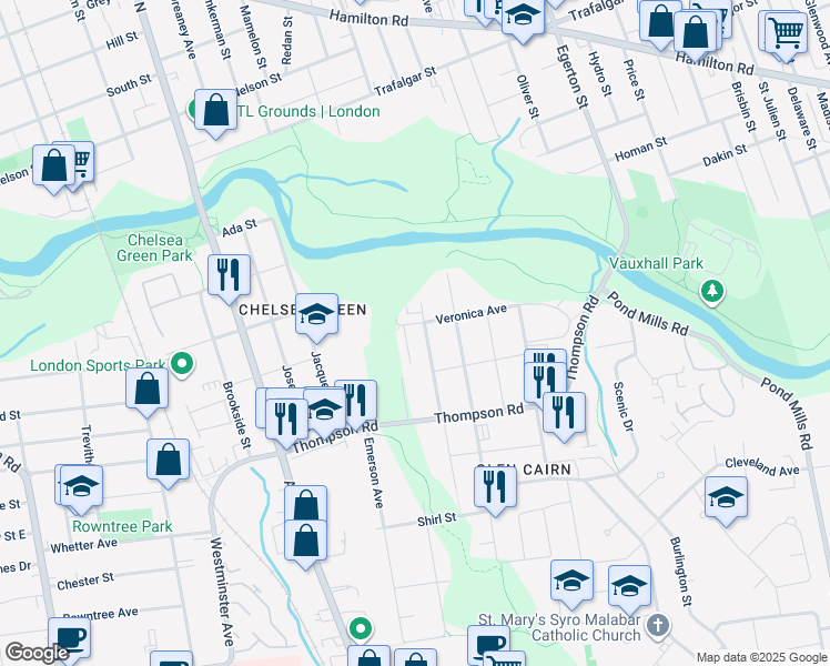map of restaurants, bars, coffee shops, grocery stores, and more near 95 Chesterfield Avenue in London