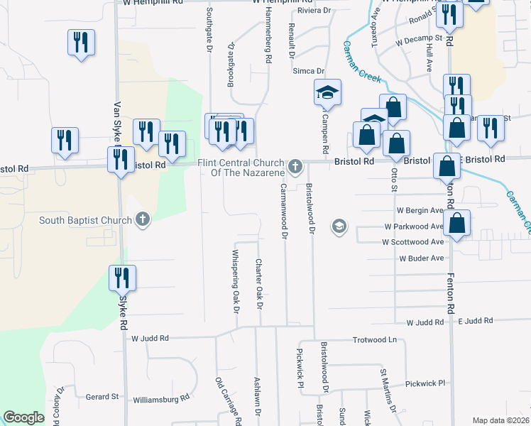 map of restaurants, bars, coffee shops, grocery stores, and more near 4099 Charter Oak Drive in Flint