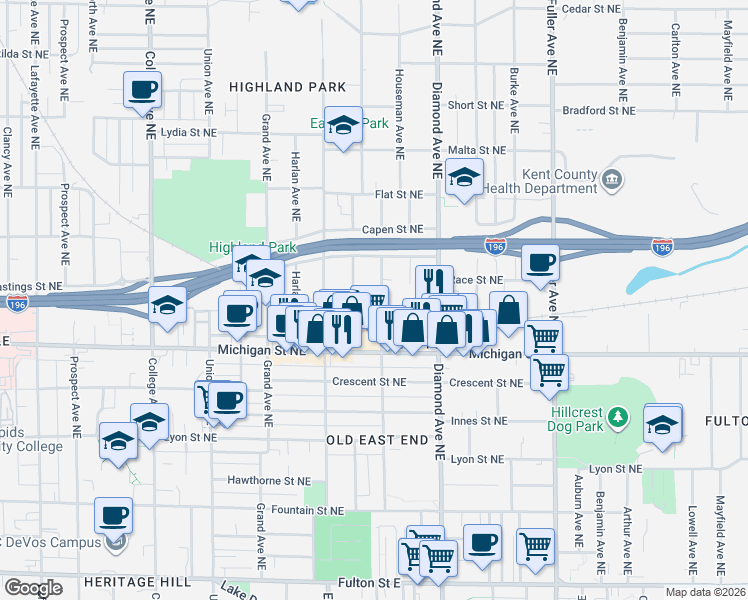 map of restaurants, bars, coffee shops, grocery stores, and more near 466 Houseman Avenue Northeast in Grand Rapids