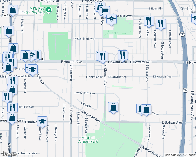 map of restaurants, bars, coffee shops, grocery stores, and more near 1100 East Norwich Street in Milwaukee
