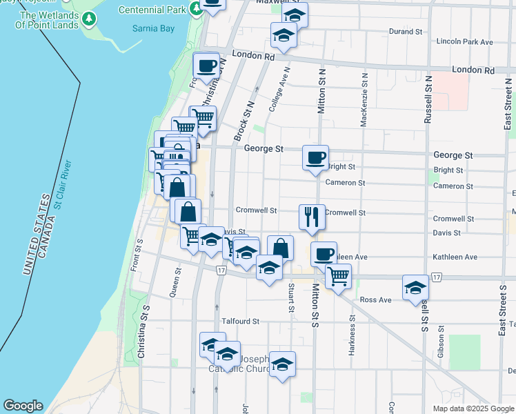 map of restaurants, bars, coffee shops, grocery stores, and more near 125 College Avenue North in Sarnia