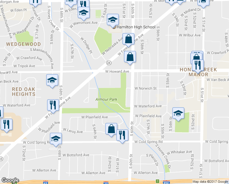 map of restaurants, bars, coffee shops, grocery stores, and more near 6050 West Waterford Court in Milwaukee