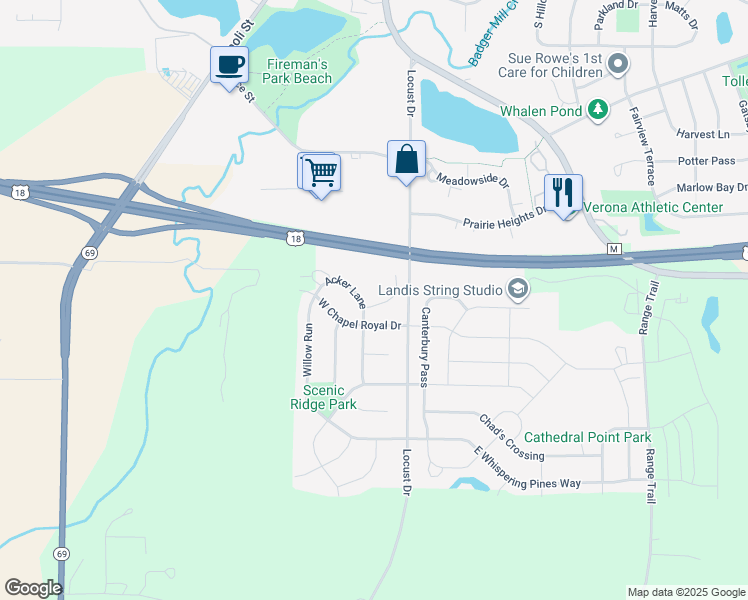 map of restaurants, bars, coffee shops, grocery stores, and more near 1061 Acker Lane in Verona
