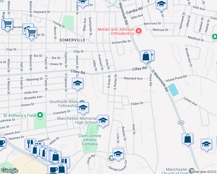 map of restaurants, bars, coffee shops, grocery stores, and more near 2 South Gray Street in Manchester