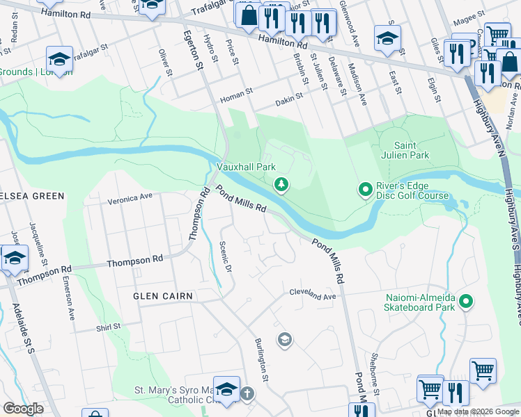 map of restaurants, bars, coffee shops, grocery stores, and more near 45 Pond Mills Road in London