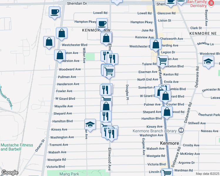 map of restaurants, bars, coffee shops, grocery stores, and more near Elmwood Avenue & Somerton Avenue in Buffalo