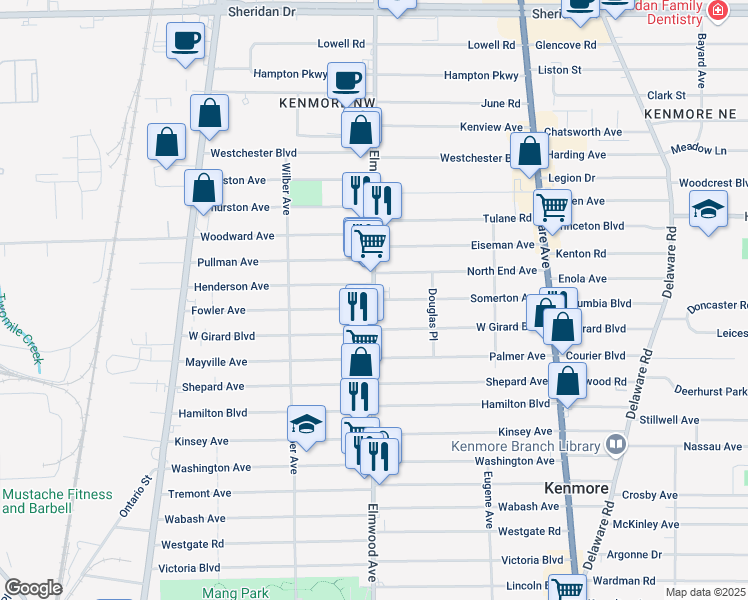 map of restaurants, bars, coffee shops, grocery stores, and more near Elmwood Avenue & Somerton Avenue in Kenmore