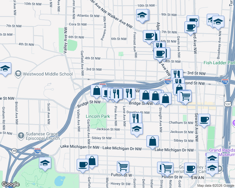 map of restaurants, bars, coffee shops, grocery stores, and more near 426 Pine Avenue Northwest in Grand Rapids