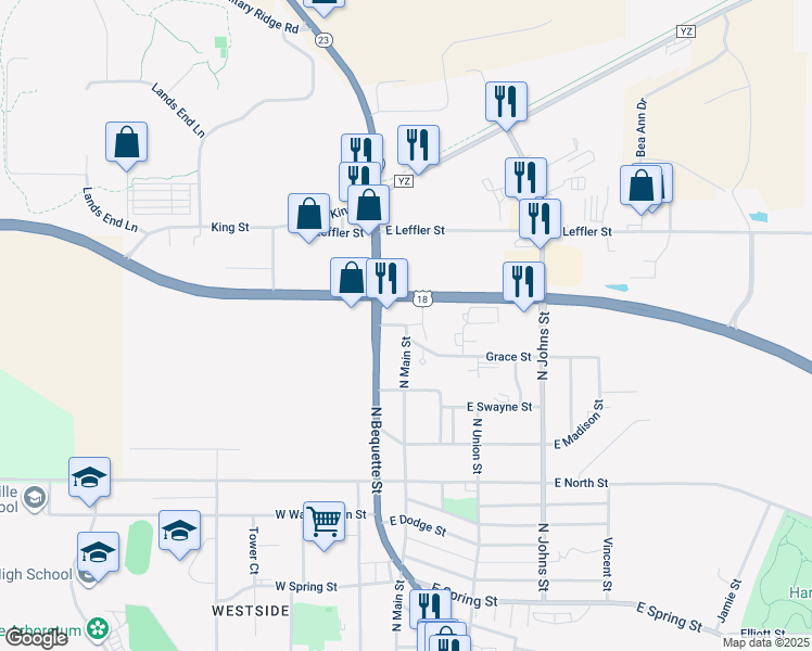 map of restaurants, bars, coffee shops, grocery stores, and more near 1153 North Main Street in Dodgeville