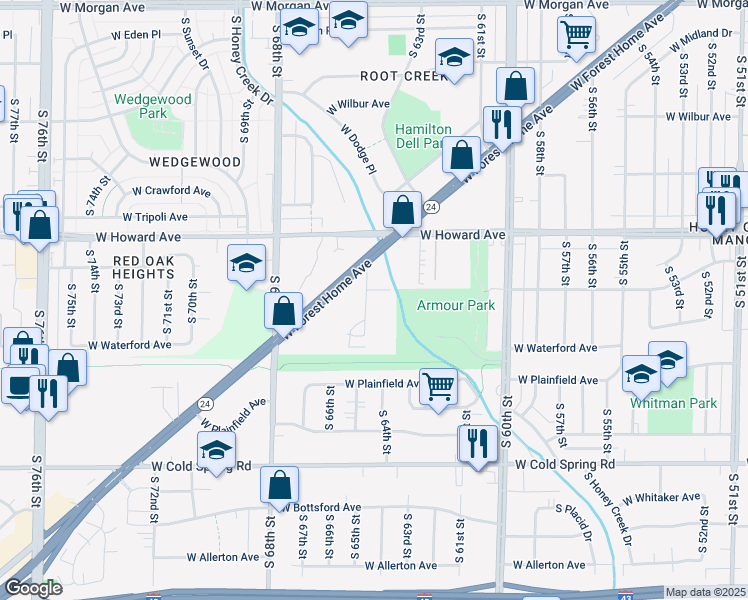 map of restaurants, bars, coffee shops, grocery stores, and more near 4020 South 65th Street in Greenfield