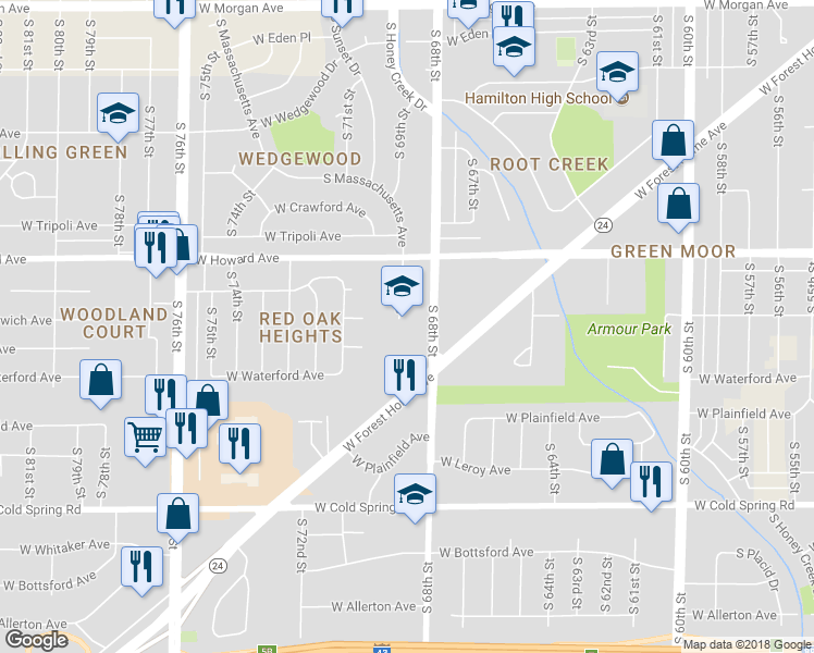 map of restaurants, bars, coffee shops, grocery stores, and more near 4001 South 68th Street in Milwaukee