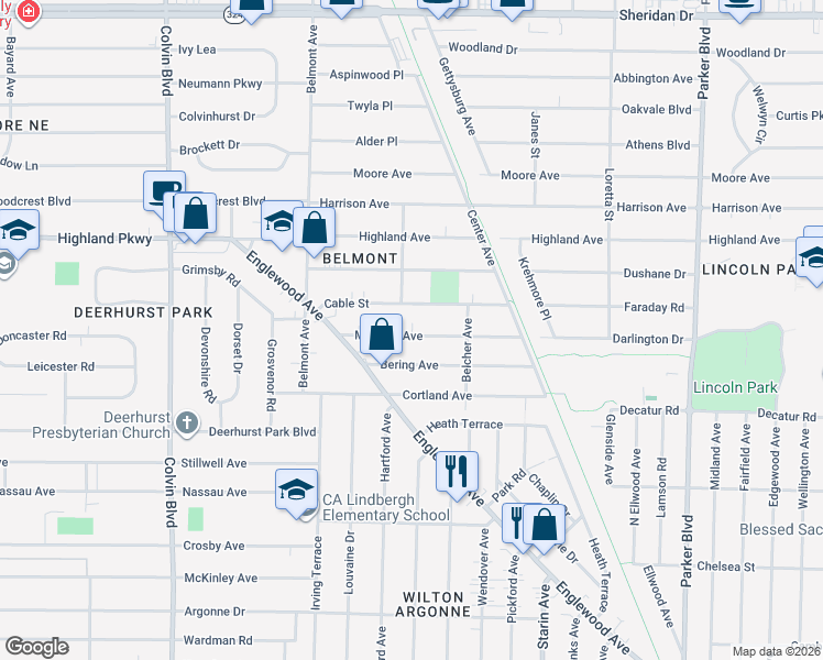 map of restaurants, bars, coffee shops, grocery stores, and more near 74 Moulton Avenue in Buffalo