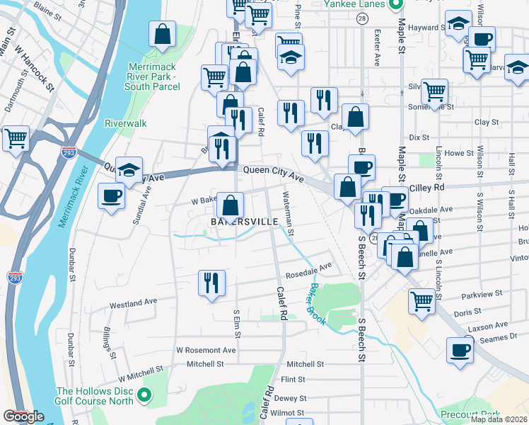 map of restaurants, bars, coffee shops, grocery stores, and more near 198 Calef Road in Manchester