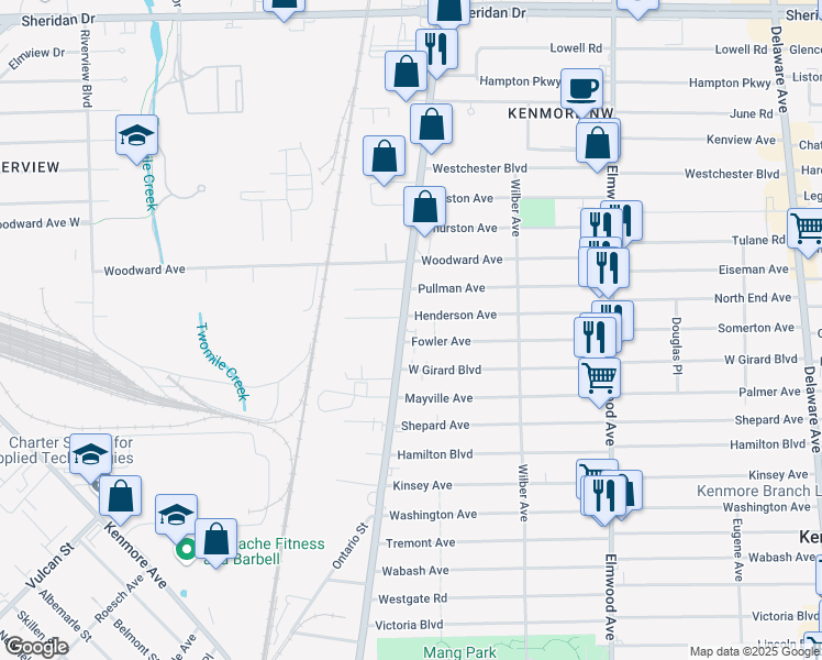 map of restaurants, bars, coffee shops, grocery stores, and more near 1277 Military Road in Buffalo