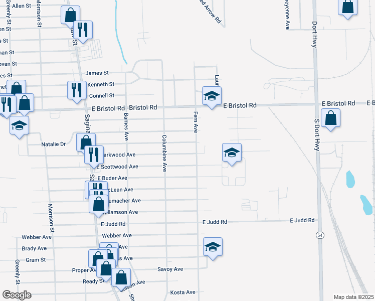 map of restaurants, bars, coffee shops, grocery stores, and more near 2227 East Parkwood Avenue in Burton