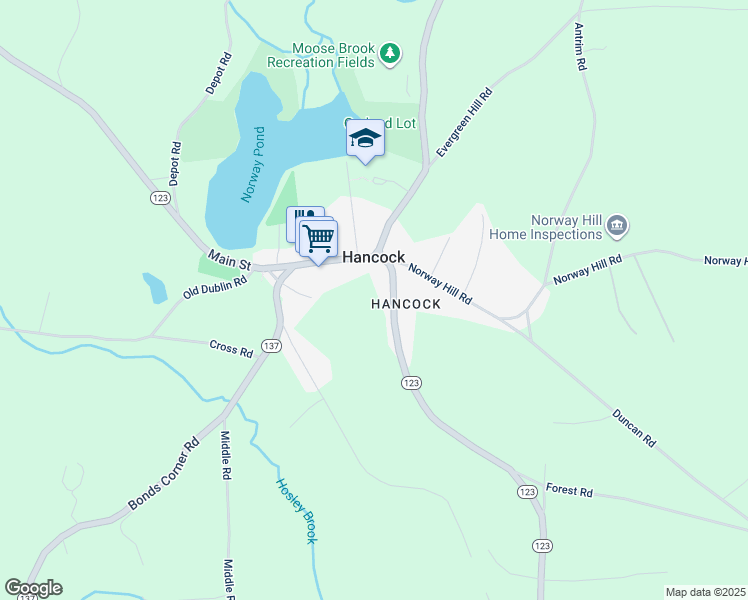 map of restaurants, bars, coffee shops, grocery stores, and more near 5 Forest Road in Hancock