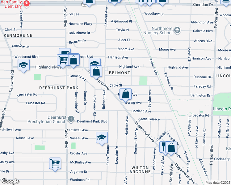 map of restaurants, bars, coffee shops, grocery stores, and more near 1023 Englewood Avenue in Buffalo