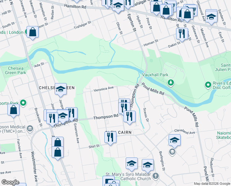 map of restaurants, bars, coffee shops, grocery stores, and more near 88 King Edward Avenue in London