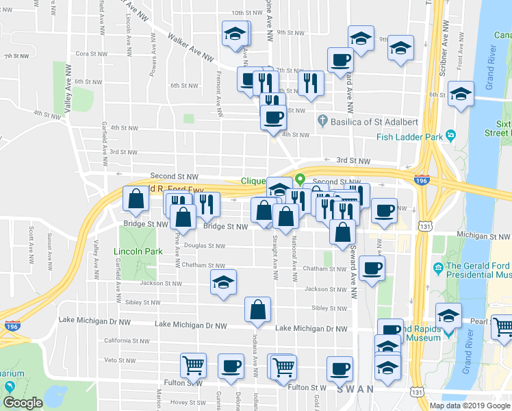 map of restaurants, bars, coffee shops, grocery stores, and more near 820 First Street Northwest in Grand Rapids