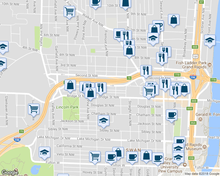 map of restaurants, bars, coffee shops, grocery stores, and more near 858 First Street Northwest in Grand Rapids