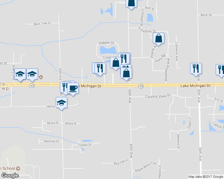 map of restaurants, bars, coffee shops, grocery stores, and more near 6088 Lake Michigan Drive in Allendale Charter Township
