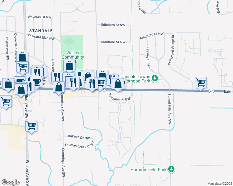 map of restaurants, bars, coffee shops, grocery stores, and more near 3900 Lake Michigan Drive Northwest in Walker