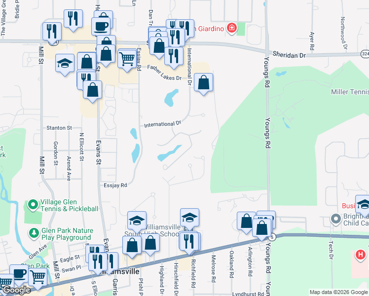 map of restaurants, bars, coffee shops, grocery stores, and more near 150 Hidden Ridge Common in Buffalo
