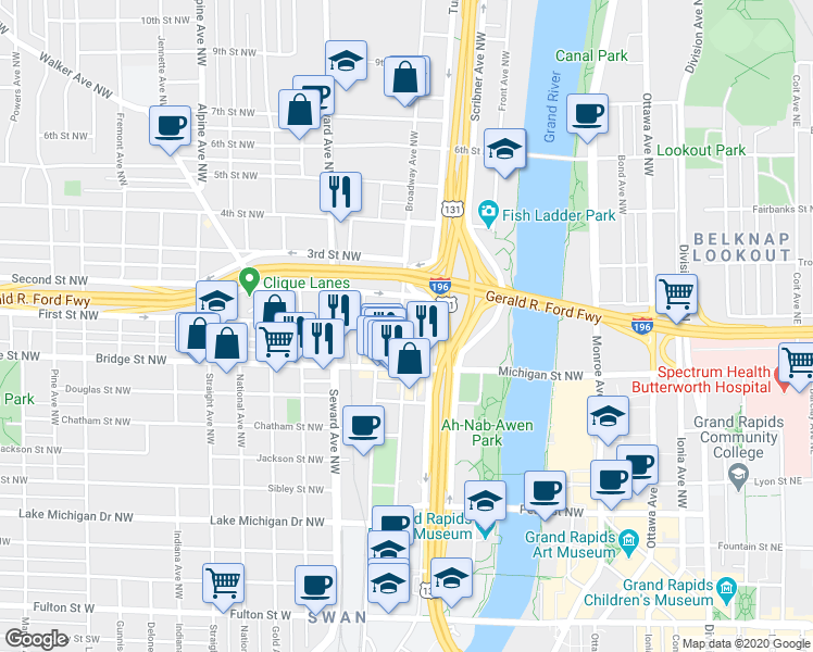 map of restaurants, bars, coffee shops, grocery stores, and more near 425 First Street Northwest in Grand Rapids