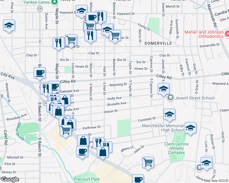 map of restaurants, bars, coffee shops, grocery stores, and more near 48 Villa St in Manchester