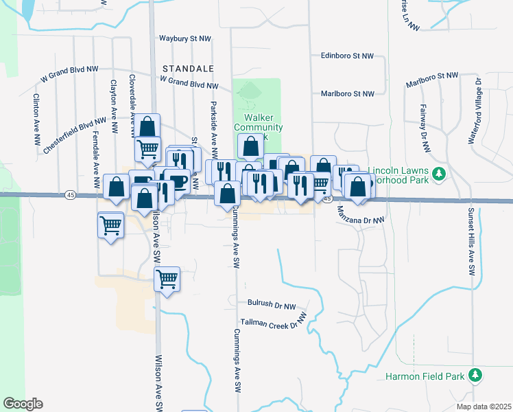 map of restaurants, bars, coffee shops, grocery stores, and more near 4160 Lake Michigan Drive Northwest in Grand Rapids
