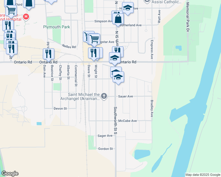 map of restaurants, bars, coffee shops, grocery stores, and more near 269 David Street in Welland