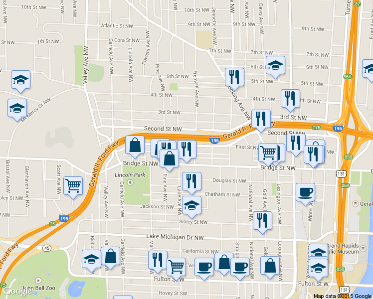 map of restaurants, bars, coffee shops, grocery stores, and more near 916 First Street Northwest in Grand Rapids