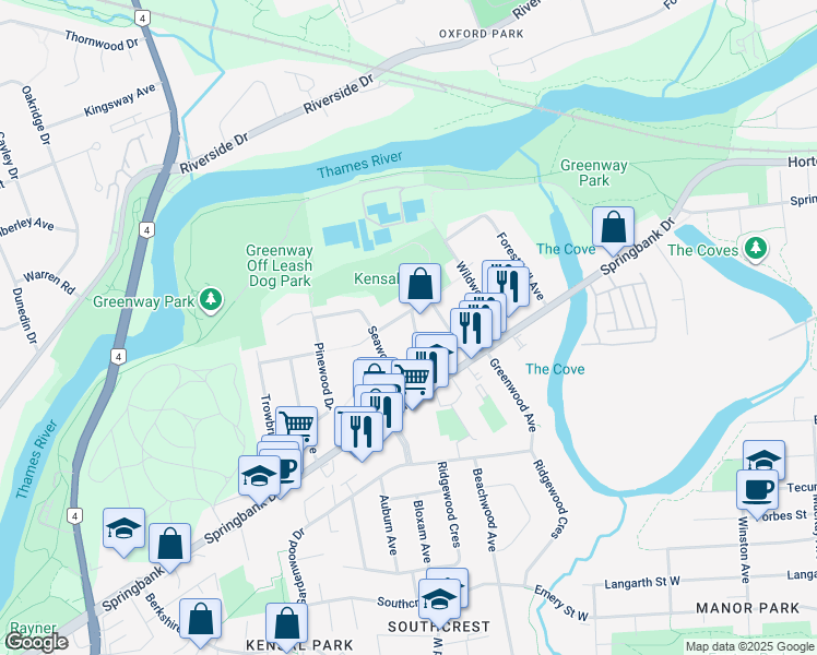 map of restaurants, bars, coffee shops, grocery stores, and more near 163 Donna Street in London