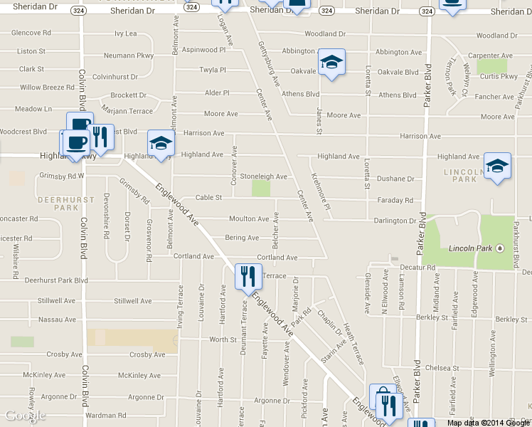 map of restaurants, bars, coffee shops, grocery stores, and more near 118 Moulton Ave in Buffalo