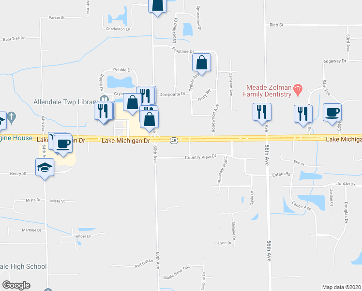 map of restaurants, bars, coffee shops, grocery stores, and more near 5916 Lake Michigan Dr in Allendale Charter Township