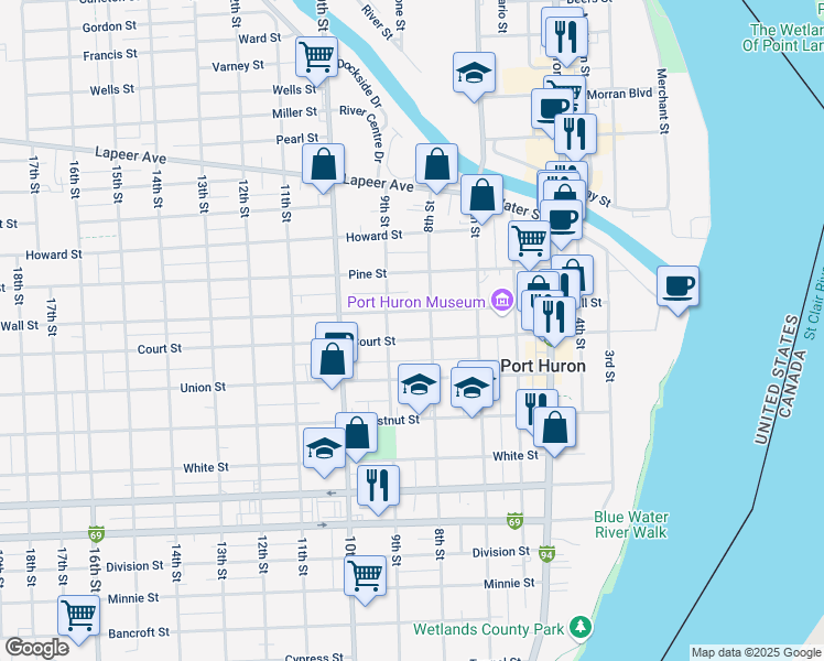 map of restaurants, bars, coffee shops, grocery stores, and more near 807 Court Street in Port Huron
