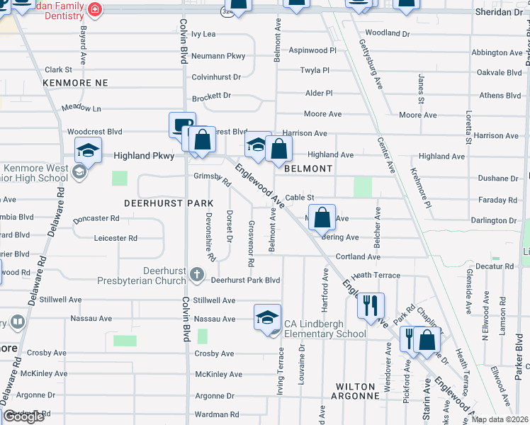 map of restaurants, bars, coffee shops, grocery stores, and more near 336 Grimsby Road in Buffalo