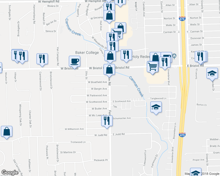 map of restaurants, bars, coffee shops, grocery stores, and more near 0 Fenton Road in Flint