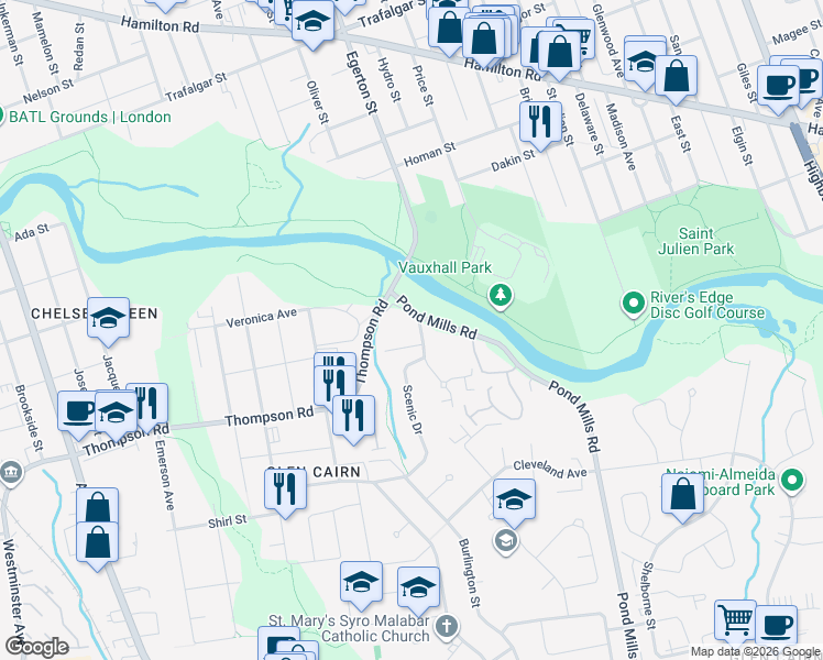 map of restaurants, bars, coffee shops, grocery stores, and more near 470 Scenic Drive in London