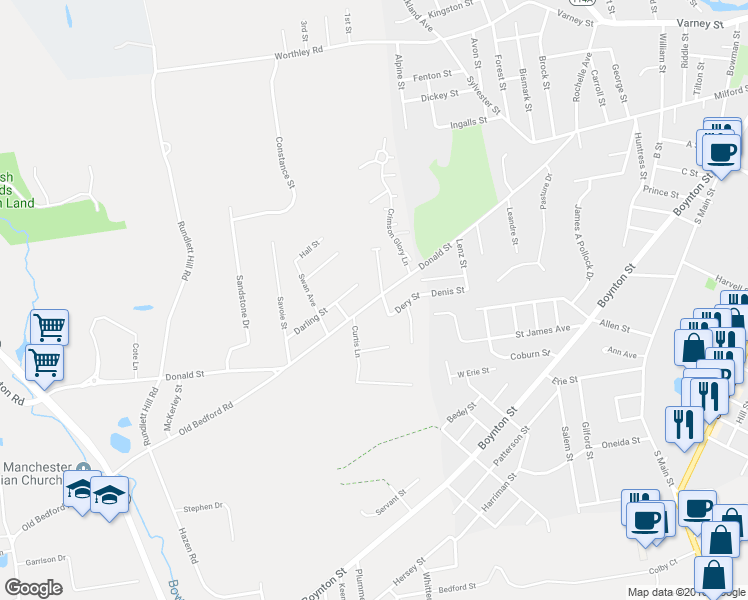 map of restaurants, bars, coffee shops, grocery stores, and more near 401 Donald Street in Bedford